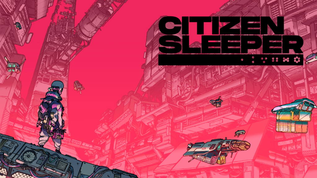 Logo of Citizen Sleeper with a Sleeper standing in front of a cyberpunk space station
