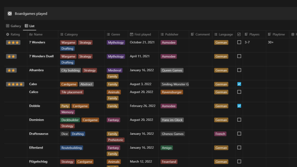 List view of boardgames in notion