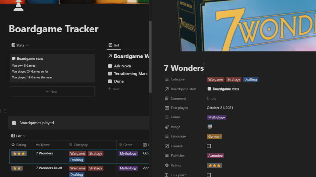 Detail view of boardgame in Notion