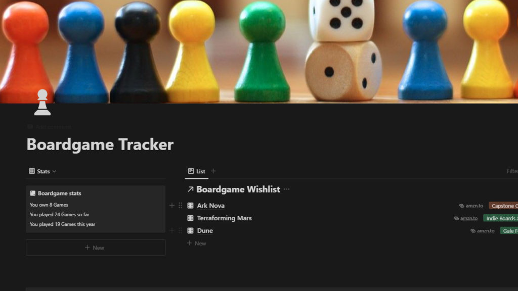 Dashboard of the notion boardgame tracker