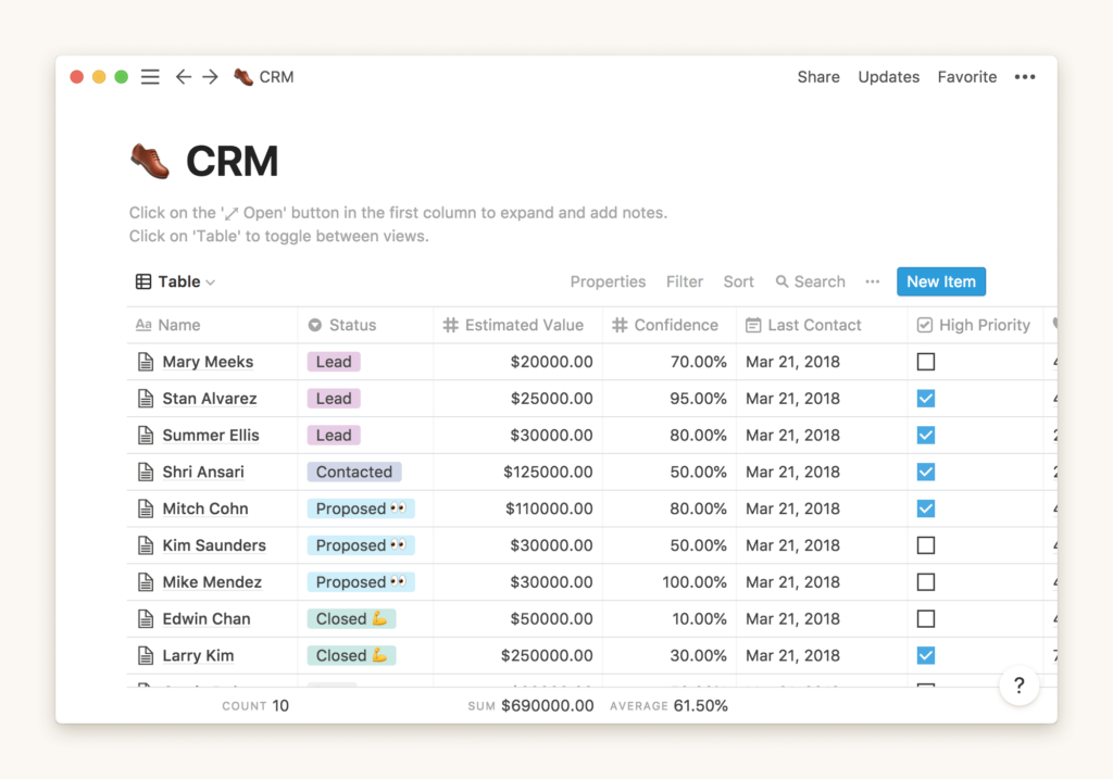 Screenshot of a CRM in Notion